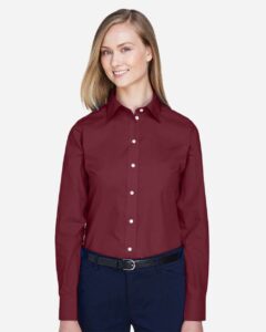 Devon & Jones D620W Women’s Crown Collection® Broadcloth Woven Dress Shirt – Burgundy (on model)