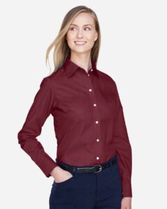 Devon & Jones D620W Women’s Crown Collection® Broadcloth Woven Dress Shirt – Burgundy (on model side)