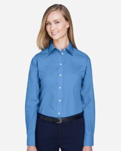 Devon & Jones D620W Women’s Crown Collection® Broadcloth Woven Dress Shirt – French Blue (on model)