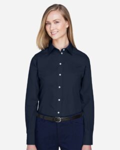 Devon & Jones D620W Women’s Crown Collection® Broadcloth Woven Dress Shirt – Navy (on model)