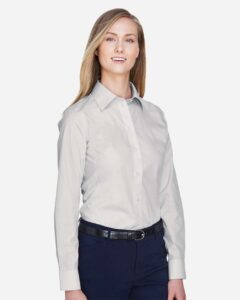 Devon & Jones D620W Women’s Crown Collection® Broadcloth Woven Dress Shirt – Silver (on model side)