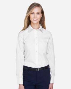Devon & Jones D620W Women’s Crown Collection® Broadcloth Woven Dress Shirt – White (on model)