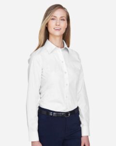 Devon & Jones D620W Women’s Crown Collection® Broadcloth Woven Dress Shirt – White (on model side)