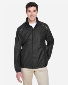 CORE365 88185 Men’s Climate Seam Sealed Lightweight Variegated Ripstop Jacket – Black (on model)