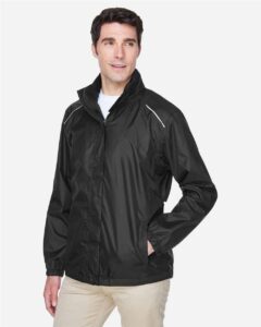 CORE365 88185 Men’s Climate Seam Sealed Lightweight Variegated Ripstop Jacket – Black (on model side)