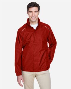 CORE365 88185 Men’s Climate Seam Sealed Lightweight Variegated Ripstop Jacket – Classic Red (on model)