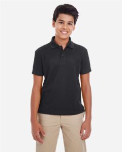 CORE365 88181Y Youth Origin Performance Piqué Polo – Black (on model)