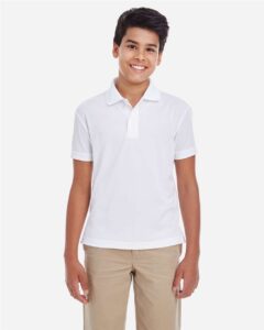 CORE365 88181Y Youth Origin Performance Piqué Polo – White (on model)