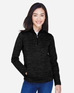 Devon & Jones DG798W Women’s Newbury Mélange Fleece Quarter-Zip Pullover – Black Heather (on model)