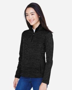 Devon & Jones DG798W Women’s Newbury Mélange Fleece Quarter-Zip Pullover – Black Heather (on model side)