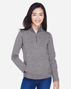 Devon & Jones DG798W Women’s Newbury Mélange Fleece Quarter-Zip Pullover – Dark Grey Heather (on model)