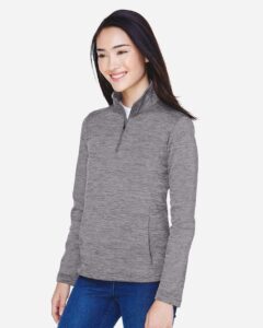 Devon & Jones DG798W Women’s Newbury Mélange Fleece Quarter-Zip Pullover – Dark Grey Heather (on model side)