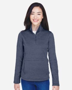 Devon & Jones DG798W Women’s Newbury Mélange Fleece Quarter-Zip Pullover – Navy Heather (on model)