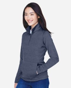 Devon & Jones DG798W Women’s Newbury Mélange Fleece Quarter-Zip Pullover – Navy Heather (on model side)