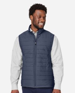 Devon & Jones DG706 Men’s New Classics® Charleston Hybrid Vest – Navy Melange/ Navy (on model)