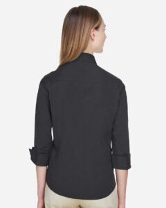 Devon & Jones DP625W Women’s Perfect Fit™ Three-Quarter Sleeve Stretch Poplin Dress Shirt – Black (on model back)