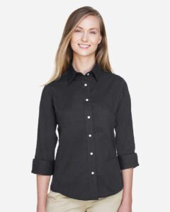 Devon & Jones DP625W Women’s Perfect Fit™ Three-Quarter Sleeve Stretch Poplin Dress Shirt – Black (on model)