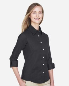 Devon & Jones DP625W Women’s Perfect Fit™ Three-Quarter Sleeve Stretch Poplin Dress Shirt – Black (on model side)