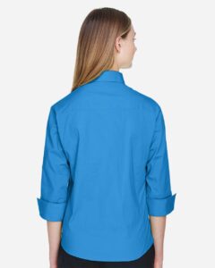 Devon & Jones DP625W Women’s Perfect Fit™ Three-Quarter Sleeve Stretch Poplin Dress Shirt – French Blue (on model back)