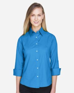 Devon & Jones DP625W Women’s Perfect Fit™ Three-Quarter Sleeve Stretch Poplin Dress Shirt – French Blue (on model)