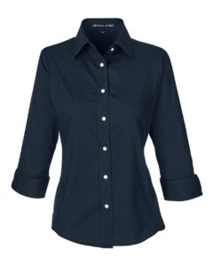 Devon & Jones DP625W Women’s Perfect Fit™ Three-Quarter Sleeve Stretch Poplin Dress Shirt – Navy