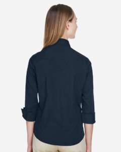Devon & Jones DP625W Women’s Perfect Fit™ Three-Quarter Sleeve Stretch Poplin Dress Shirt – Navy (on model back)
