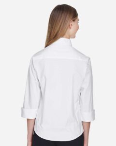 Devon & Jones DP625W Women’s Perfect Fit™ Three-Quarter Sleeve Stretch Poplin Dress Shirt – White (on model back)