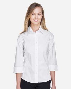 Devon & Jones DP625W Women’s Perfect Fit™ Three-Quarter Sleeve Stretch Poplin Dress Shirt – White (on model)