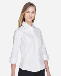 Devon & Jones DP625W Women’s Perfect Fit™ Three-Quarter Sleeve Stretch Poplin Dress Shirt – White (on model side)