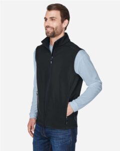 CORE365 CE701 Men’s Cruise Two-Layer Fleece Bonded Soft Shell Vest – Black (on model side)