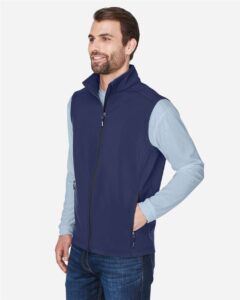 CORE365 CE701 Men’s Cruise Two-Layer Fleece Bonded Soft Shell Vest – Classic Navy (on model side)