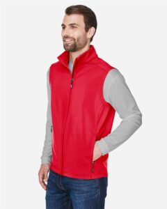 CORE365 CE701 Men’s Cruise Two-Layer Fleece Bonded Soft Shell Vest – Classic Red (on model side)