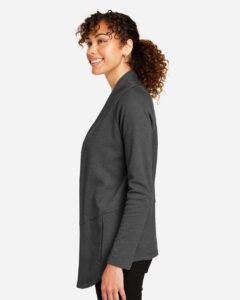 Devon & Jones DG481W Women’s New Classics® Charleston Cardigan – Black Melange (on model side)