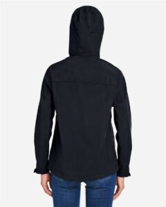 CORE365 CE712W Women’s Barrier Packable Rain Jacket – Black (on model back)