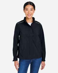 CORE365 CE712W Women’s Barrier Packable Rain Jacket – Black (on model)