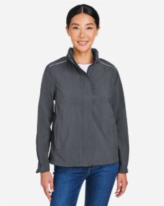 CORE365 CE712W Women’s Barrier Packable Rain Jacket – Carbon (on model)