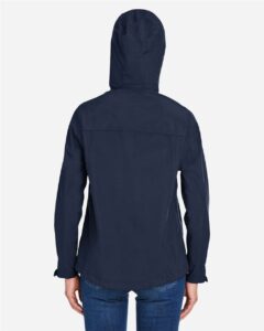 CORE365 CE712W Women’s Barrier Packable Rain Jacket – Classic Navy (on model back)