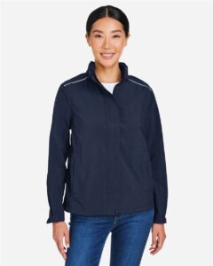 CORE365 CE712W Women’s Barrier Packable Rain Jacket – Classic Navy (on model)