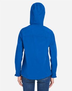 CORE365 CE712W Women’s Barrier Packable Rain Jacket – True Royal (on model back)