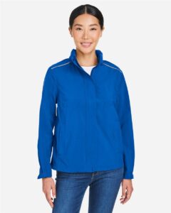 CORE365 CE712W Women’s Barrier Packable Rain Jacket – True Royal (on model)