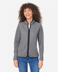 CORE365 CE72W Women’s Venture Heathered Stripe Full-Zip Jacket – Black/ White (on model)