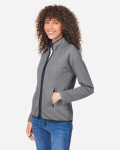CORE365 CE72W Women’s Venture Heathered Stripe Full-Zip Jacket – Black/ White (on model side)