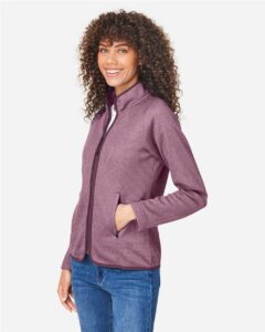 CORE365 CE72W Women’s Venture Heathered Stripe Full-Zip Jacket – Burgundy/ White (on model side)