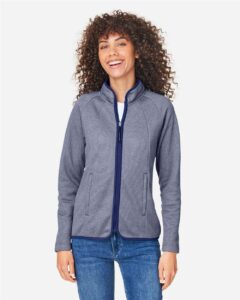CORE365 CE72W Women’s Venture Heathered Stripe Full-Zip Jacket – Classic Navy/ White (on model)