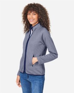 CORE365 CE72W Women’s Venture Heathered Stripe Full-Zip Jacket – Classic Navy/ White (on model side)