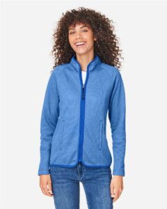 CORE365 CE72W Women’s Venture Heathered Stripe Full-Zip Jacket – True Royal/ White (on model)