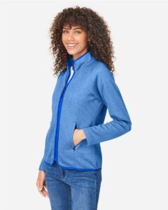 CORE365 CE72W Women’s Venture Heathered Stripe Full-Zip Jacket – True Royal/ White (on model side)