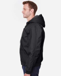 Berne Apparel HJ51T Men’s Tall Highland Washed Cotton Duck Hooded Jacket – Black (on model side)