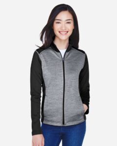 Devon & Jones DG796W Women’s Newbury Colorblock Mélange Fleece Full-Zip Jacket – Black Heather/ Dark Grey Heather (on model)