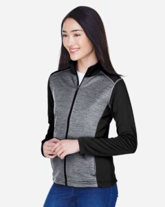 Devon & Jones DG796W Women’s Newbury Colorblock Mélange Fleece Full-Zip Jacket – Black Heather/ Dark Grey Heather (on model side)